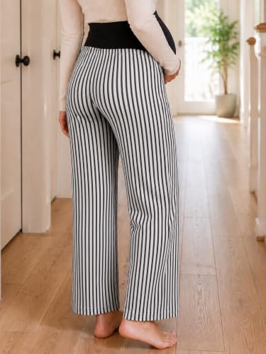 Yousify Womens Maternity Pants Casual Wide Leg Pregnancy Trousers - color: Black Striped, size: Small