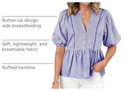 dowerme Women Lantern Sleeve Button Up Stripes Babydoll Tops - color: Dark Blue, size: Medium