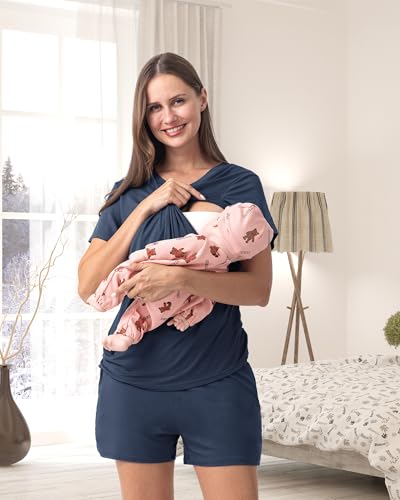 Rnxrbb 3 Piece Maternity Nursing Pajamas Set for Women Postpartum Pjs - color: Navy, size: Medium