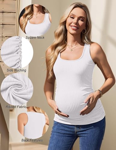 Ekouaer 4 Pack Maternity Tank Tops Ribbed Pregnancy Clothes Summer Outfit - color: Black/Light Blue/Dark Grey/White, size: Small