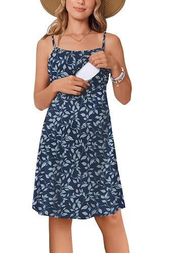 Ekouaer Womens Nursing Dress Summer Breastfeeding Maternity Clothes - color: Dark Blue Leaves, size: Medium