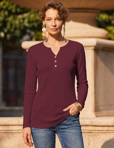 Zeagoo Women's Long Sleeve Waffle Knit Tops 2026 Fall Henley V Neck Shirts - color: Dark Red, size: Small