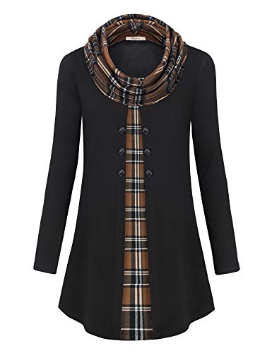 Bebonnie Womens Long Sleeve Cowl Neck Warm Splicing Tunic Tops with Buttons - color: Black 3, size: X-Large