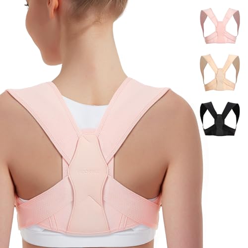 Vicorrect Posture Corrector for Women and Men, Adjustable Upper Back Brace for Clavicle Support and Providing Pain Relief from Neck, Shoulder, and Upper Back (S/M) - color: Pink Small/Medium