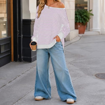 Fall Tops for Women 2026 off Shoulder Striped Top Long Sleeve Pullover Tops - color: Pink, size: Small