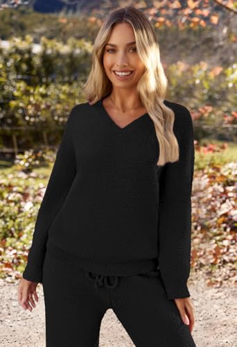 MEROKEETY Women's Fall Fleece 2 Piece Outfits Pajama Lounge Sets - color: Black, size: Medium