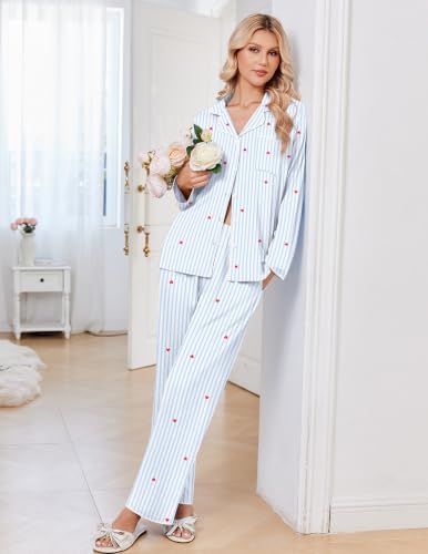Ekouaer Pajamas for Women Set Long Sleeve Lounge Set Soft Button Down Pjs - color: Blue Stripe, size: Medium