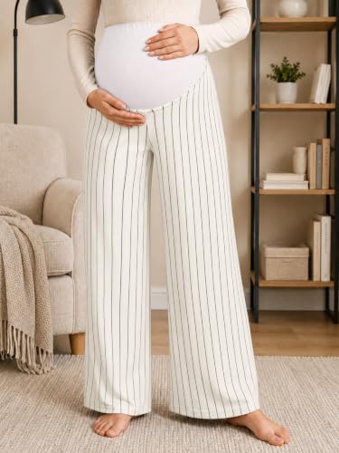 Yousify Womens Maternity Pants Casual Wide Leg Pregnancy Trousers - color: White Striped, size: Small