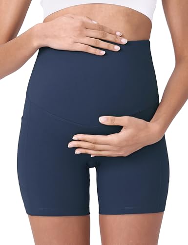 POSHDIVAH Maternity Biker Shorts Over the Belly with Pockets 5"/8" - color: Navy Blue, size: Small