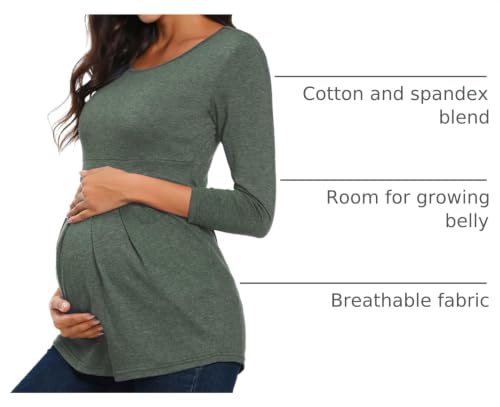 Glampunch Maternity Tops, Front Pleat Peplum Tunic Top Pregnancy Shirts - color: B2 Hunter Green, size: Medium
