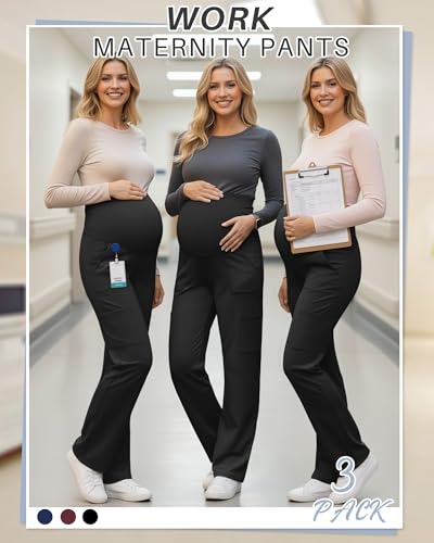 3 Pack Women's Maternity Scrub Pants with 6 Pockets - color: Black, Black, Black, size: Large