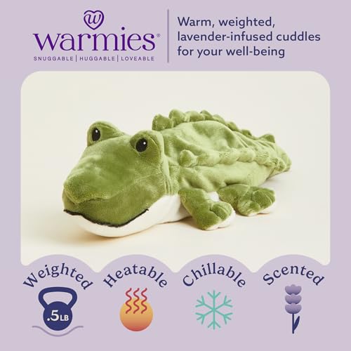warmies Junior Microwavable & Weighted Stuffed Animals, Alligator - Heated Stuffed Animal Plushie for Warmth & Comfort - Cute Soft Plush Toys for Adults & Children (Boys, Girls, Babies & Toddlers)
