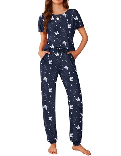 Ekouaer Pajamas for Womens Set Soft 2 Piece Loungewear with Jogger Pants - color: Butterfly, size: Large