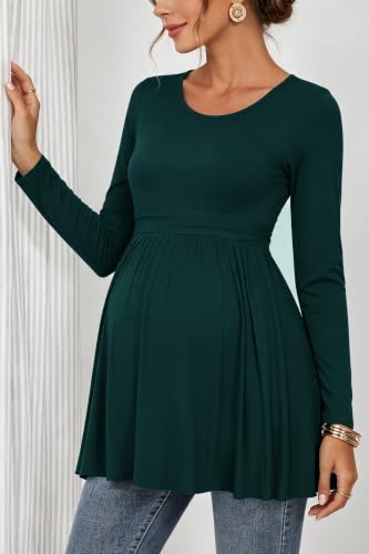 Women's Maternity Tops Short & Long Sleeve Pleated Waist Shirts Pregnancy Clothes - color: Deep Green, size: Medium