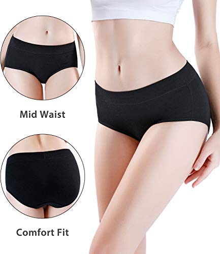 wirarpa Women's Underwear Cotton Mid Waisted Ladies Panties Full Coverage Briefs 4 Pack (Regular & Plus Size) - color: Black-4 Pack, size: Medium