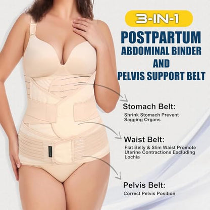 ChongErfei 3 in 1 Postpartum Belly Wrap Recovery Band Belt Abdominal Binder - color: Beige, size: Large