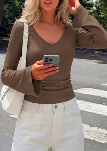 PRETTYGARDEN Womens Fall Cute Tops Bell Long Sleeve Shirts - color: Coffee, size: Small