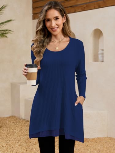 Poetsky Womens Long Sleeve Tunic Tops Fall Long Shirts Sweater with Pockets - color: Blue, size: Small