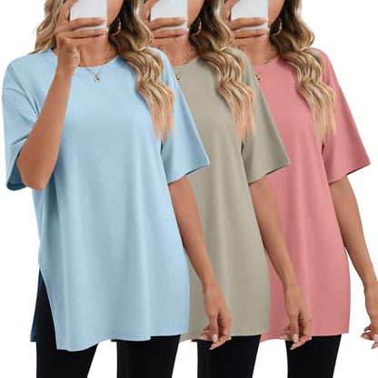 Huukeay 3 Pack Women's Oversized T Shirts Workout Tops - color: Bean Paste Pink, Khaki, Light Blue, size: Small
