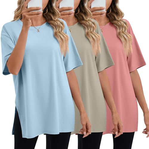 Huukeay 3 Pack Women's Oversized T Shirts Workout Tops - color: Bean Paste Pink, Khaki, Light Blue, size: XX-Large