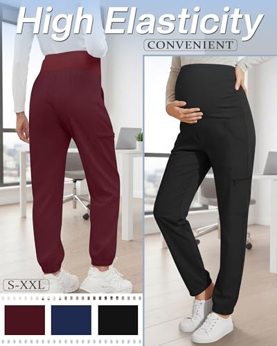 3 Pack Maternity Scrub Cargo Jogger Pants - color: Black, Wine Red, Navy Blue, size: Medium