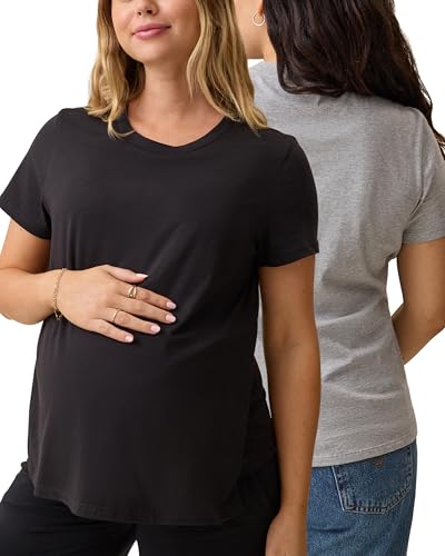 Kindred Bravely Essentials Cotton Nursing T Shirt for Breastfeeding, 2 Pack - color: Black & Grey Heather, size: Medium