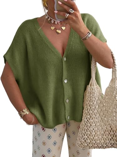 Saodimallsu Womens Fall Short Sleeve Cardigans Sweater Oversized Tops - color: Army Green, size: Small