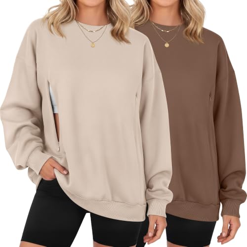 Locoowai 2 Pack Women's Oversize Nursing Sweatshirts - color: Apricot, Brown, size: Medium