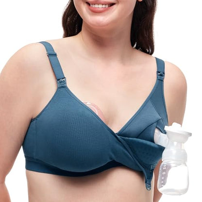 Momcozy Hands-Free Pumping Bra, Breathable Tencel™ Fabric Breast Pump Bra - color: Nordic Blue, size: Medium