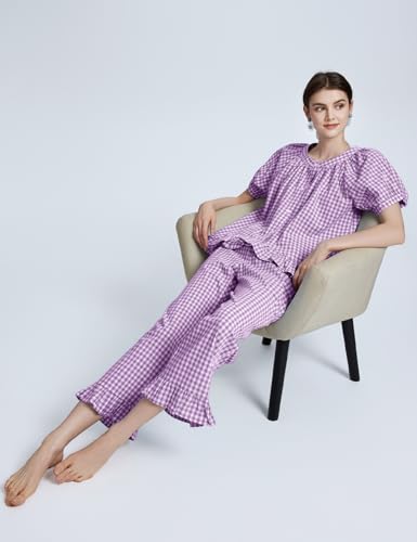 Flygo Women's Cotton Gingham Pajama Set 2 Piece Ruffle Lounge Sleepwear - color: Purple, size: Small