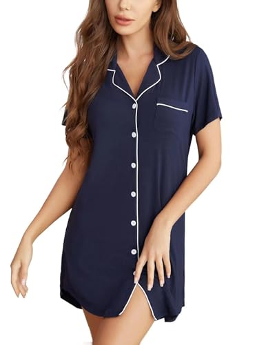 Pjmlifecoco Women's Button Down Nightgown Short Sleeve Sleep Shirt - color: Navy Blue, size: XX-Large
