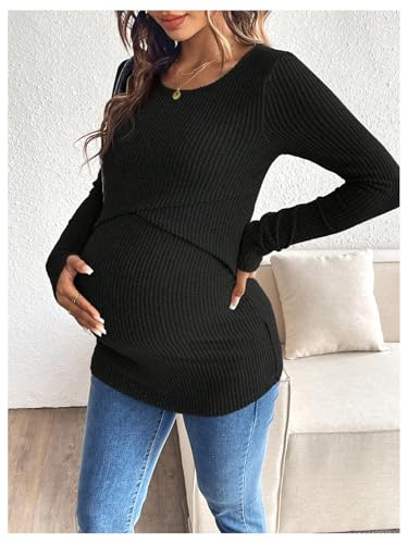 MakeMeChic Women's Maternity Shirts Nursing Top Fall Maternity Clothes - color: Black, size: Medium