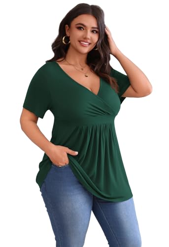 POSESHE Womens Plus Size Tops 2026 Summer Short Sleeves Tunic Tops - color: Green, size: Large Plus