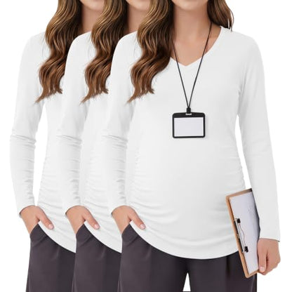3 Pack Women Maternity Shirts Scrub Tops Side Ruched - color: White, White, White, size: XX-Large