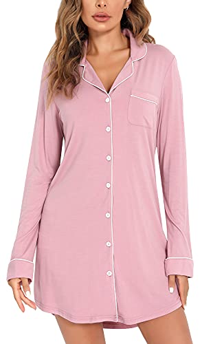 Samring Nightgowns for Women Long Sleeve Button Down Night Gown Sleepshirts - color: Bean Paste, size: Small