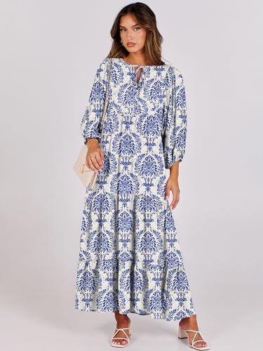 ANRABESS Womens Boho Floral 3/4 Puff Sleeve Maxi Dress - color: Blue Khaki, size: Small