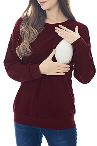 Smallshow Fleece Maternity Nursing Sweatshirt Long Sleeve Breastfeeding Tops - color: Burgundy, size: Small
