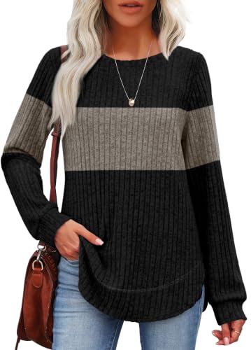 OFEEFAN Womens Sweaters Crew Neck Tunic Tops Long Sleeve Shirts Curved Hem - color: B-black Coffee, size: Small