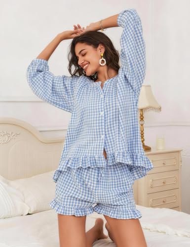 Flygo Womens Gingham 2 Piece Pajama Sets Y2K Cotton Ruffle Short Sets - color: Blue, size: Large