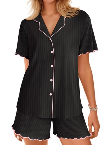 Ekouaer Button Up Pajamas for Women Set Ribbed Knit Pjs 2 Piece Lounge Set - color: Black, size: X-Small