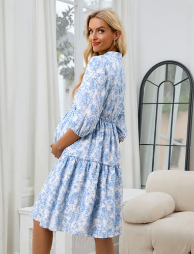 Angashion Women's Maternity Nursing Dress: V-Neck Hidden Zipper Pockets - color: White&blue Floral, size: Medium