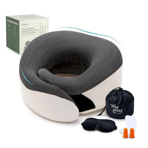 Travel Neck Pillow for Airplanes, Bamboo Charcoal Memory Foam - color: Beige