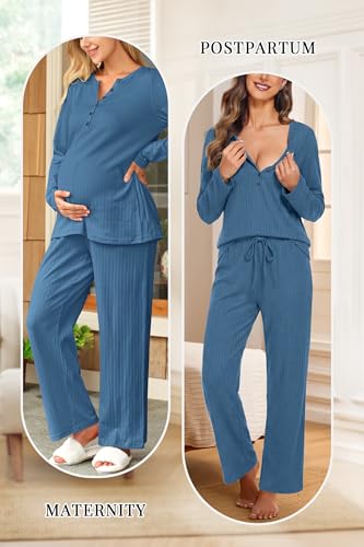 OUGES Women's Maternity Nursing Pajamas Sets Pregnancy Delivery Lounge Pjs - color: Blue, size: X-Large