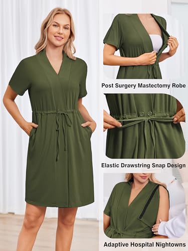 Deyeek Women's Post Surgery Mastectomy Robe with 4 Internal Drain Pockets Short Sleeve Adaptive Nightgowns Pajama Dress Shirt - color: Army Green, size: Medium