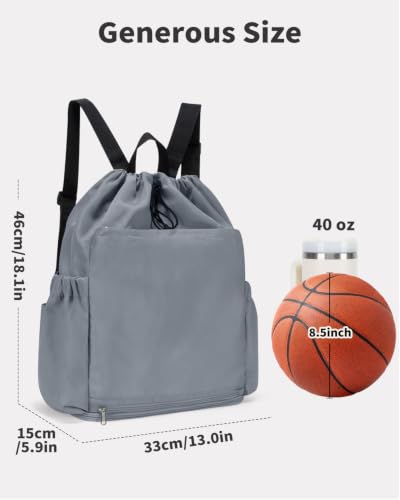 Drawstring Backpack with Shoe & Wet Compartments, Cup & Ball Holders, Gray - color: Gray