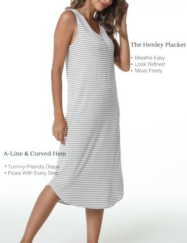 LazyCozy Women's Bamboo Viscose Cooling Nightgown for Hot Flashes - color: Grey Stripe, size: Large