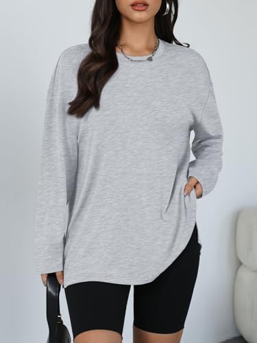 Trendy Queen Womens Oversized Side Slit Long Sleeve Shirts Fall Tops - color: Grey, size: Small