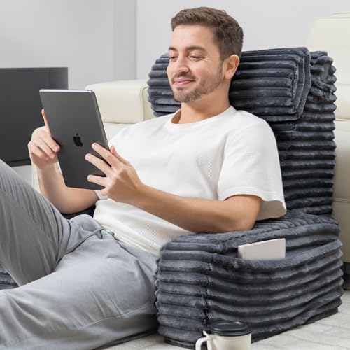 ENITYA 24" XXL Back Pillow for Bed Sitting Up with Armrests & Big Pockets - color: Dark Grey, size: XXL(Above 5'11")