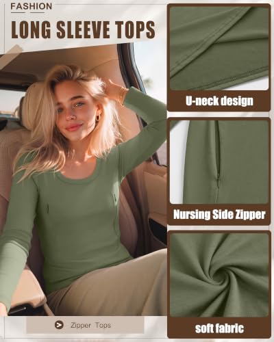 3 Pack Women's Long Sleeve Nursing Tops - color: Army Green, Light Brown, Black, size: Medium