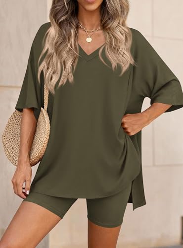 PRETTYGARDEN Womens 2 Piece Outfit Lounge Short Sets - color: Army Green, size: Medium
